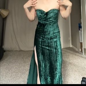 Emerald green velvet, strapless, floor length gown